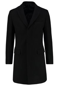 Zwart op maat gemaakt heren overjas met notched revers, twee voorste flapzakken en een borstzak, tentoongesteld op een witte achtergrond.
