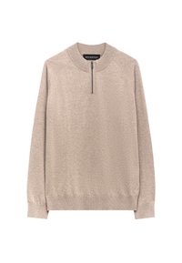 Felpa beige con collo alto e chiusura a metà zip. Presenta maniche raglan e polsini e orlo a costine. Tessuto a maglia liscia.