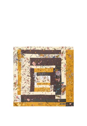 Pañuelo cuadrado con paneles rectangulares en capas en mostaza, marrón y crema, decorado con pequeños estampados florales y de animales coloridos.