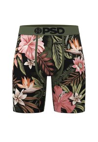 Czarne bokserki z kwiatowym wzorem, przedstawiające różowe i białe kwiaty, zielone liście oraz zielony pas z napisem "PSD".
