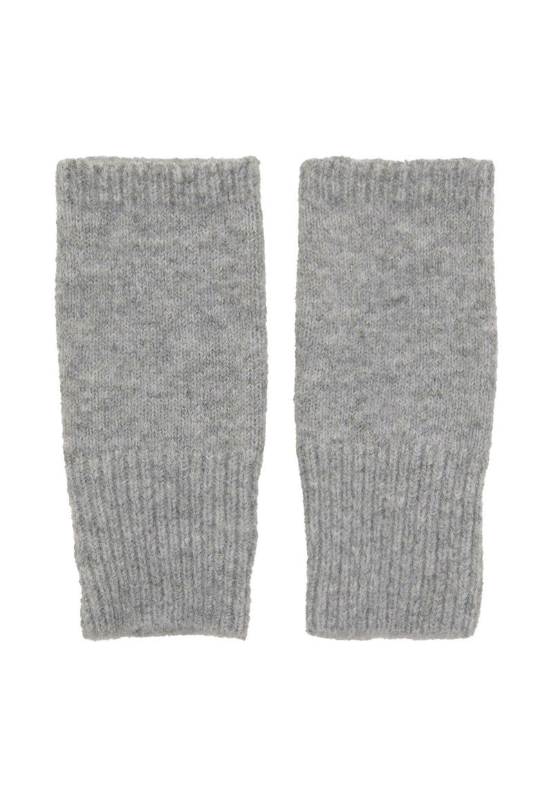 Mănuși fără degete tricotate, de culoare gri, cu o textură ribbed și tiv. Fabricate dintr-un material moale, au un design simplu și funcțional.