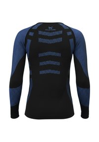 Langärmeliges Sportshirt in Schwarz und Blau. Verfügt über strukturierte Muster auf dem Rücken und den Ärmeln, hergestellt aus dehnbarem, feuchtigkeitsableitendem Stoff.