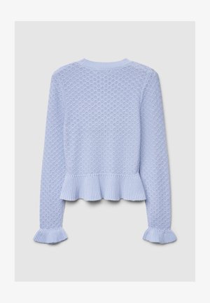 Maglione azzurro chiaro in maglia con motivo a rilievo, orlo e polsini arricciati, scollo rotondo e maniche lunghe.