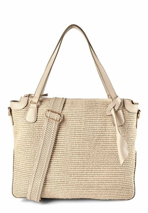 Borsa tote beige intrecciata con due manici in pelle, una tracolla regolabile con motivo e un dettaglio a nodo in pelle sul lato anteriore.