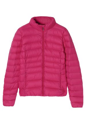 Zachte roze jas met een hoge kraag, voorrits en doorgestikt ontwerp. Heeft een gladde, glanzende textuur en een getailleerde silhouette.