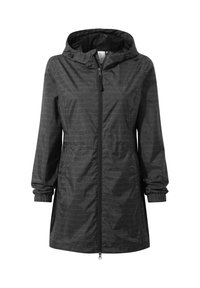 Black waterproof jacket with a hood, featuring a textured pattern, zip front closure, and elastic cuffs. Lightweight and designed for versatility.