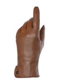 Guanto in pelle marrone con tre sezioni cucite sulle dita e una texture liscia, decorato con un piccolo bottone nero sul polso.
