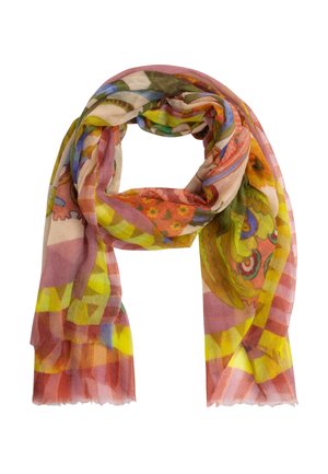 Lichtgewicht sjaal met meerkleurige bloem- en geometrische patronen in geel, roze, groen, blauw en oranje tinten.