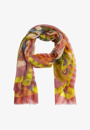 Lichtgewicht sjaal met meerkleurige bloem- en geometrische patronen in geel, roze, groen, blauw en oranje tinten.