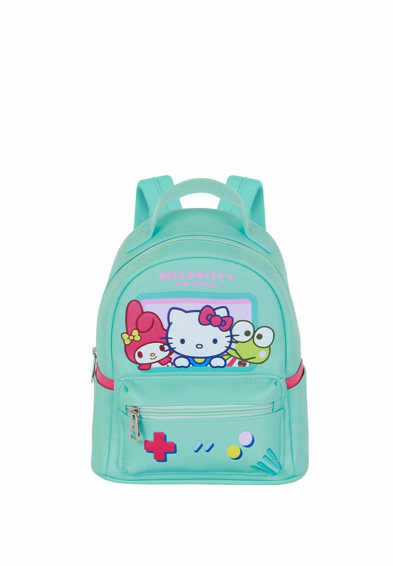 Petit sac à dos turquoise avec les personnages Hello Kitty, My Melody et Keroppi sur le devant, ainsi qu'un design coloré de manette de jeu sur la poche.