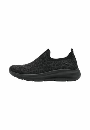 Black slip-on shoes with a textured leopard print design, elastic top, and a thick black sole for cushioning and support.
