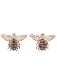 Ohrringe mit goldfarbener Bienen-Optik, verziert mit klaren und schwarzen Kristallen, detaillierten Flügeln und runder Form.