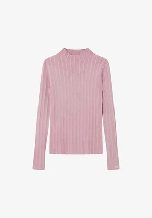 Suéter de manga larga de canalé rosa con cuello alto, presenta un corte recto y una textura suave, ideal para combinar en capas o para un uso casual.