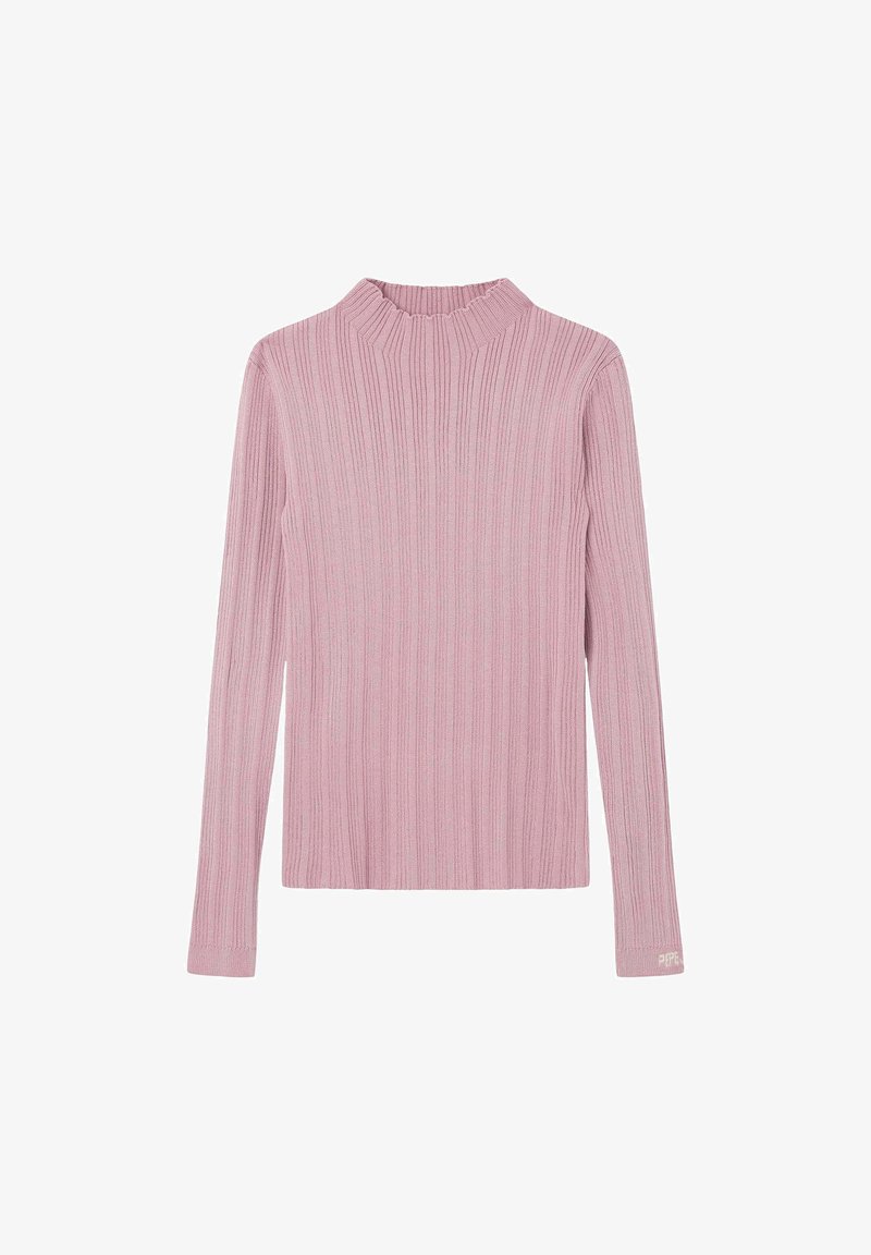 Suéter de manga larga de canalé rosa con cuello alto, presenta un corte recto y una textura suave, ideal para combinar en capas o para un uso casual.