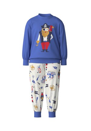 Blauw sweatshirt met een piratengrafiek; witte broek met kleurrijke piratenpatronen. Elastische boorden op beide kledingstukken. Zacht materiaal.