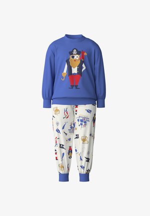 Blue sweatshirt with a pirate graphic; white pants featuring colorful pirate-themed patterns. Elastic cuffs on both pieces. Soft material.