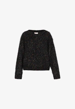 Black knitted sweater with a fuzzy texture, featuring colorful flecks throughout. Crew neckline and long sleeves, cropped design.