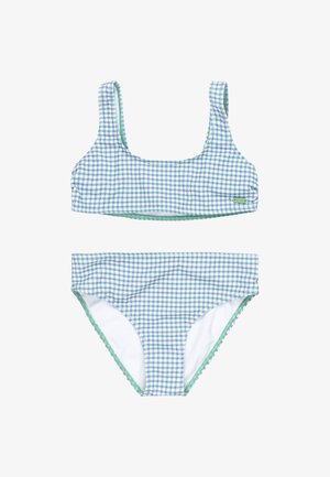 Blå og grønternet bikini sæt med en top med firkantet halsudskæring, tykke stropper og en matchende lavtaljet bunden med bølgede kanter.