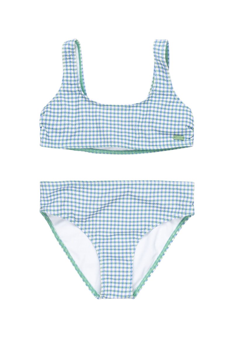Bikini set v modro-zelených kockách, ktorý obsahuje top s štvorcovým výstrihom a širokými ramienkami, spolu s pôsobivými nízko vzperovými nohavičkami s vlnitými okrajmi.