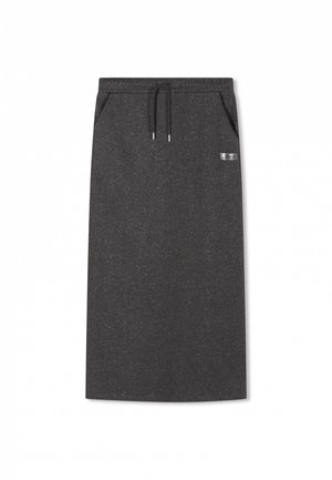 Long, dark gray skirt made of sparkly fabric with a drawstring waistband and two side pockets. Features a small branded accent on the side.