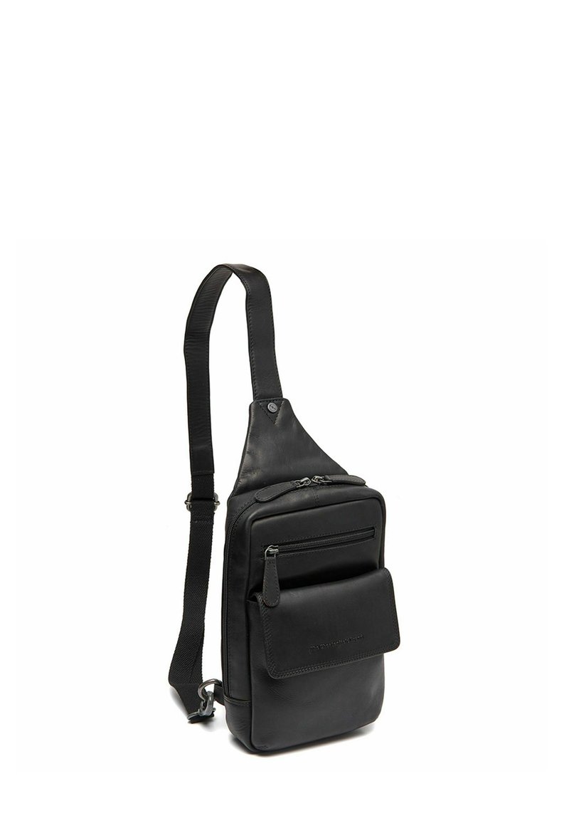Borsa a tracolla nera in pelle con cinghia regolabile, scomparto principale con zip e tasca frontale. Texture liscia con minimi dettagli in metallo.