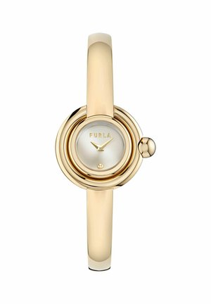 Reloj de pulsera Furla en tono dorado con esfera redonda, esfera minimalista que muestra las 10:10 y correa lisa estilo pulsera sobre fondo blanco.