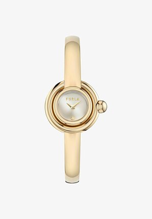 Goldfarbene Furla-Armbanduhr mit rundem Zifferblatt, minimalistischem Ziffernblatt, das 10:10 Uhr zeigt, und glattem Armreif-Stil-Armband auf weißem Hintergrund.