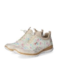 Lightweight sneakers with a patterned pastel upper, silver accents, and a textured beige sole. Features a lace-up design and soft interior.