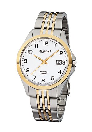 Montre en quartz argentée et dorée avec un cadran rond blanc, des index horaires noirs et une fonction date. Elle est dotée d'un bracelet en acier inoxydable.