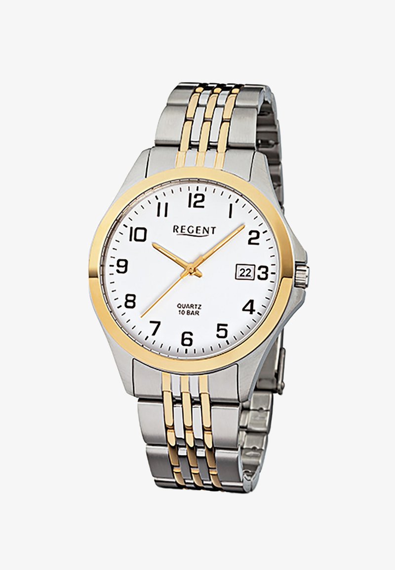 Montre en quartz argentée et dorée avec un cadran rond blanc, des index horaires noirs et une fonction date. Elle est dotée d'un bracelet en acier inoxydable.