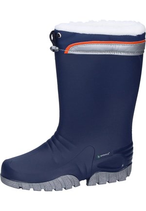 Navy blue rubber boot with a textured gray sole, white faux fur lining, and an adjustable silver and orange top trim.