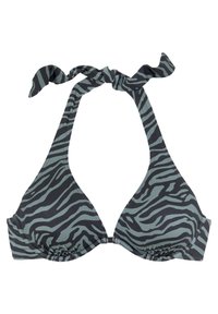 Zebro raštas bikini viršus su kaklo laikikliu, pagamintas iš tampraus audinio juodos ir prislopintos žalsvai mėlynos spalvos, su rišamu kaklo dirželiu.