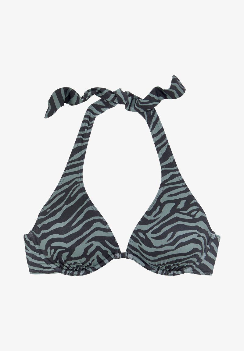 Bikinitop met zebra-print en halternekontwerp, gemaakt van rekbaar materiaal in zwart en gedempt teal, met een strikband om de hals.