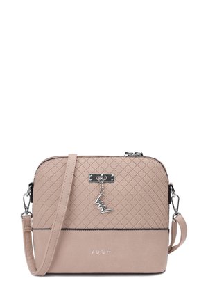 Crossbody bag in light pink faux leather, featuring quilted surface, metallic hardware, zip closure, and a decorative silver lightning charm.
