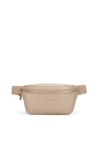 Beżowa skórzana torba na biodra o gładkiej fakturze, z złotym zamkiem błyskawicznym i pikowanym akcentem na pasku. Logo WITCHEŃ wytłoczone z przodu.