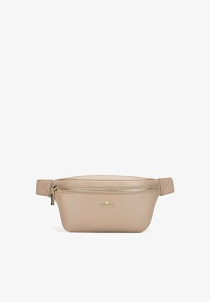 Beżowa skórzana torba na biodra o gładkiej fakturze, z złotym zamkiem błyskawicznym i pikowanym akcentem na pasku. Logo WITCHEŃ wytłoczone z przodu.