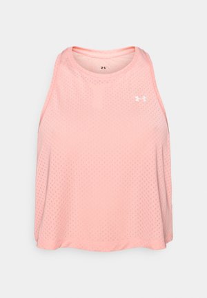 Hellrosa ärmelloses Sporttop mit strukturiertem Mesh-Stoff und rundem Ausschnitt. Auf der Brust befindet sich ein kleines weißes Logo.