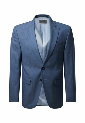 Veste de costume bleue à motifs avec un col cranté, deux boutons et poches latérales. Doublée en tissu bleu clair, affichant des détails de couture.