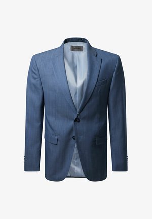 Blauwe geblokte colbert met een geknipte revers, twee knopen en zijzakken. Gevoerd met lichtblauwe stof, voorzien van stiksel details.