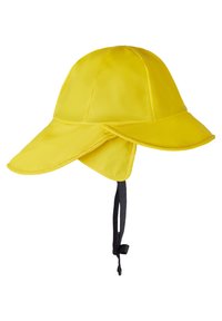 Cappello impermeabile giallo con ampio bordo e cinturino regolabile, realizzato in materiale liscio e resistente. Presenta un design della visiera a due parti.