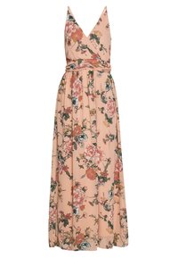 Blommig maxiklänning i persikofärgad tyg, med djup V-ringning, tunna axelband, midjeband och en flödande kjol prydd med flerfärgade blommor.