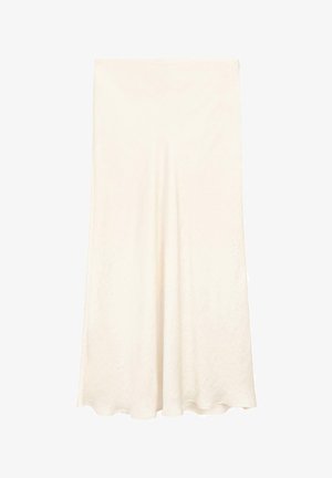 Biała, zwiewna spódnica maxi z teksturowanej tkaniny. Posiada wysoką talię oraz miękki układ. Dolna krawędź jest delikatnie zaokrąglona.