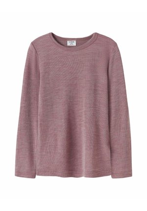 Majica s dolgimi rokavi iz mehkega mauve materiala, z okroglim ovratnikom, rebrasto teksturo ter sproščenim krojem z ravnim robom in manšetami.