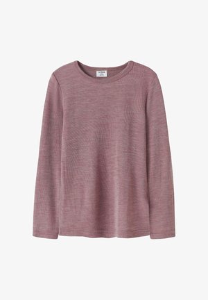 Majica s dolgimi rokavi iz mehkega mauve materiala, z okroglim ovratnikom, rebrasto teksturo ter sproščenim krojem z ravnim robom in manšetami.