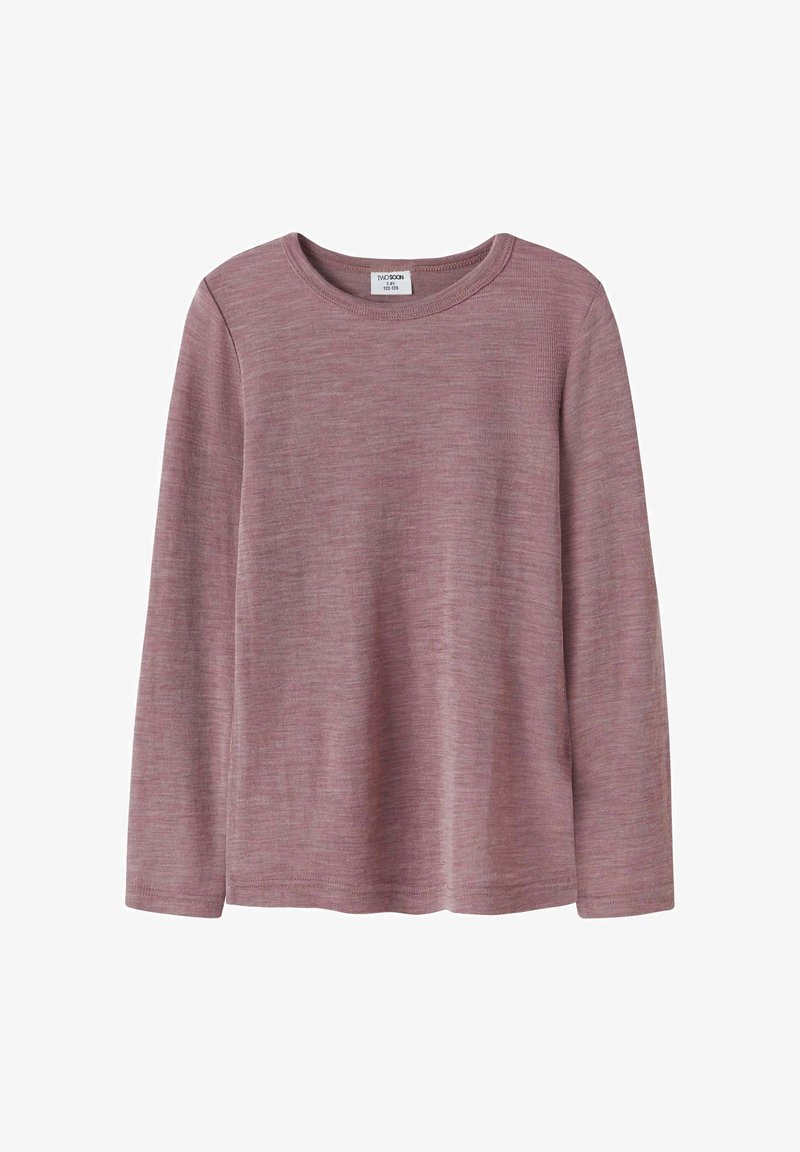 Pika-sleeve särk pehmest mauve kangast, ringikujulise kaelusega, ribakujulise tekstuuriga ja lõdva istuvusega sirge äärise ja varrukatega.