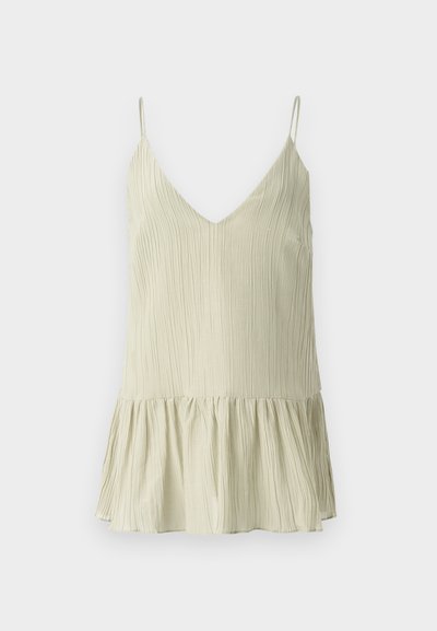 Light green pleated camisole with a V-neck and thin shoulder straps, featuring a flared, gathered hem for added volume.