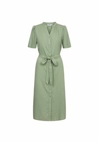 Vestido verde, hasta la rodilla, con mangas cortas, botones en la parte delantera, cuello y un lazo en la cintura. Hecho de una tela suave con una ligera textura.