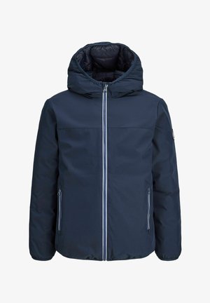 Veste d'hiver bleu marine avec capuche, fermeture éclair à l'avant et deux poches latérales zippées, rembourrée pour la chaleur.