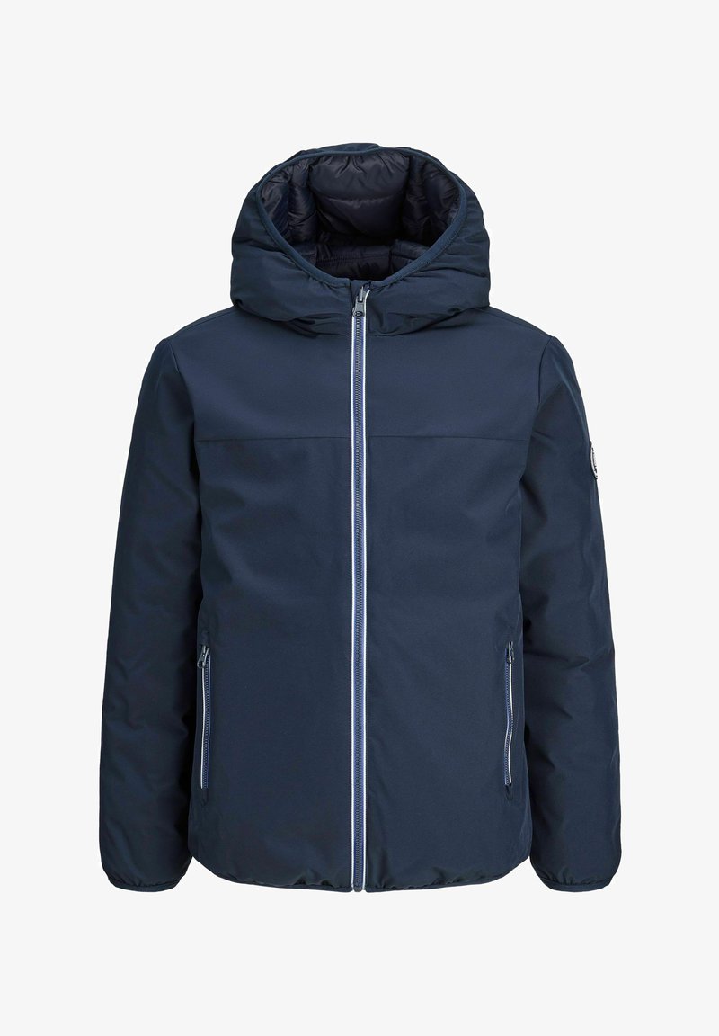 Veste d'hiver bleu marine avec capuche, fermeture éclair à l'avant et deux poches latérales zippées, rembourrée pour la chaleur.