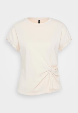 Helles beiges T-Shirt aus weicher Baumwolle, mit einem runden Halsausschnitt, kurzen umgeschlagenen Ärmeln und einer verdrehten Detail am Bund.
